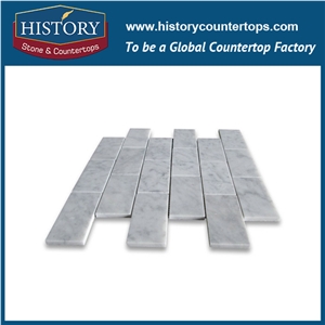 History Stone Beautiful Design Made in China, Natural Honed Bianco Carrara White Marble Natural Stone Grand Brick Linear Pattern Mosaic Tile for Kitchen Backsplash and Tv Background Wall