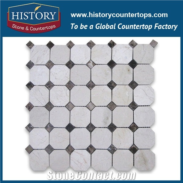 History Stone Beautiful Design Made in China, Polished Spain Cream Marfil Beige Marble 2 Inches Octagon with Dark Emperador Dots Mosaic Tiles for Bathroom Wall, Flooring & Mural Mosaic