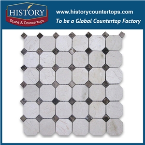 History Stone Beautiful Design Made in China, Polished Spain Cream Marfil Beige Marble 2 Inches Octagon with Dark Emperador Dots Mosaic Tiles for Bathroom Wall, Flooring & Mural Mosaic