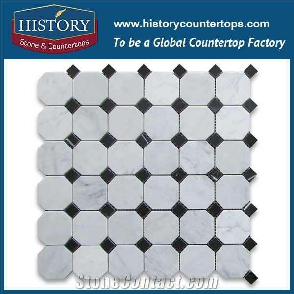 History Stone Beautiful Design Made in China, Polished Spain Cream Marfil Beige Marble 2 Inches Octagon with Dark Emperador Dots Mosaic Tiles for Bathroom Wall, Flooring & Mural Mosaic