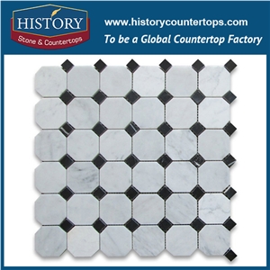 History Stone Beautiful Design Made in China, Polished Spain Cream Marfil Beige Marble 2 Inches Octagon with Dark Emperador Dots Mosaic Tiles for Bathroom Wall, Flooring & Mural Mosaic