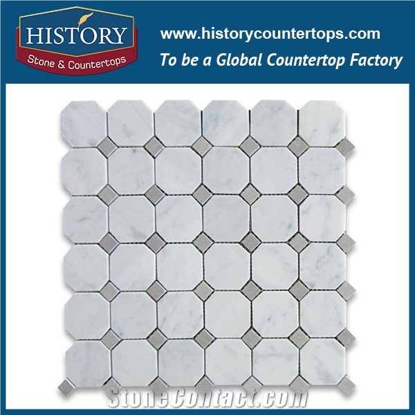 History Stone Beautiful Design Made in China, Polished Spain Cream Marfil Beige Marble 2 Inches Octagon with Dark Emperador Dots Mosaic Tiles for Bathroom Wall, Flooring & Mural Mosaic