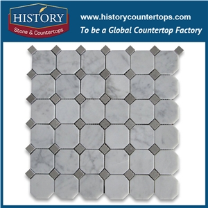 History Stone Beautiful Design Made in China, Polished Spain Cream Marfil Beige Marble 2 Inches Octagon with Dark Emperador Dots Mosaic Tiles for Bathroom Wall, Flooring & Mural Mosaic