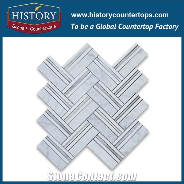 History Stone Beautiful Design Reasonable Price Quanzhou Factory, Polished Bianco Carrara White Marble Thassos Lines Herringbone Pattern Mosaic Tiles, Home Decoration Flooring & Wall Mosaic
