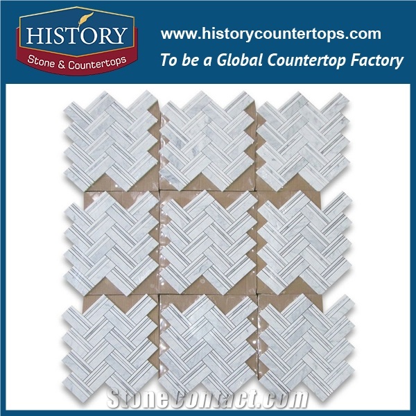 History Stone Beautiful Design Reasonable Price Quanzhou Factory, Polished Bianco Carrara White Marble Thassos Lines Herringbone Pattern Mosaic Tiles, Home Decoration Flooring & Wall Mosaic