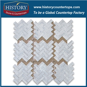 History Stone Beautiful Design Reasonable Price Quanzhou Factory, Polished Bianco Carrara White Marble Thassos Lines Herringbone Pattern Mosaic Tiles, Home Decoration Flooring & Wall Mosaic