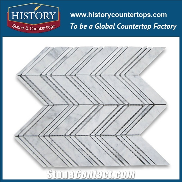 History Stone Beautiful Design Reasonable Price Quanzhou Factory, Polished Bianco Carrara White Marble Thassos Lines Herringbone Pattern Mosaic Tiles, Home Decoration Flooring & Wall Mosaic