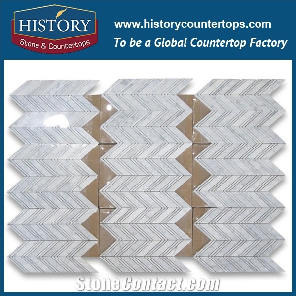 History Stone Beautiful Design Reasonable Price Quanzhou Factory, Polished Bianco Carrara White Marble Thassos Lines Herringbone Pattern Mosaic Tiles, Home Decoration Flooring & Wall Mosaic