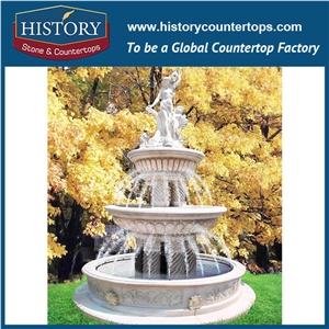 History Stone Certificated China Produced Fountain, Yellow Granite New Designs Tiered Carved Round Base Fountain with Holding Jar Woman for Park Decoration, Decorative Exterior Stone Fountain