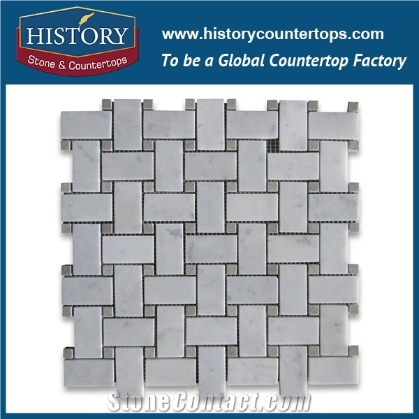 History Stone Certificated Xiamen Producer Novel Design Fine Quality, Natural Tumbled Bianco Carrara Marble Basket Weave with Black Dots 1×2 Mosaic Home Mural Tiles, Decorative Flooring & Wall Mosaic