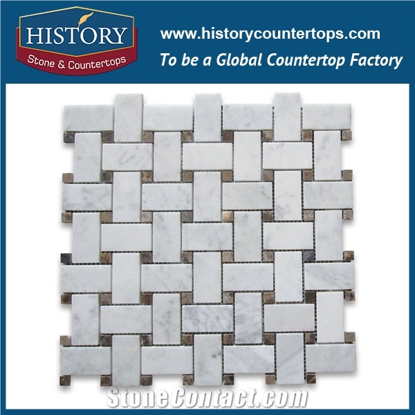 History Stone Certificated Xiamen Producer Novel Design Fine Quality, Natural Tumbled Bianco Carrara Marble Basket Weave with Black Dots 1×2 Mosaic Home Mural Tiles, Decorative Flooring & Wall Mosaic