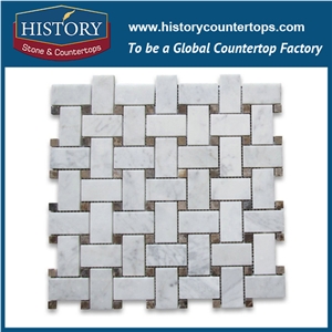 History Stone Certificated Xiamen Producer Novel Design Fine Quality, Natural Tumbled Bianco Carrara Marble Basket Weave with Black Dots 1×2 Mosaic Home Mural Tiles, Decorative Flooring & Wall Mosaic