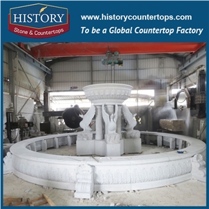 History Stone Cheap Fountain by Excellent Producer in Quanzhou, Natural Grey Granite Luxury Design Water Garden Fountain with Hand Carved Statues and Cranes, Sculptured Stone Fountain