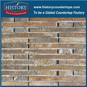 History Stone China Dark Golden Bricks Type Nature Slate Art Mosaic Stone for Washroom Kitchen Walling, Floor Covering