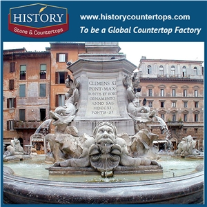 History Stone China Guangdong Factory Carved Fountain, Fine Quality Grey Granite Large Western Style Fountain with Carved Lion Heads Nozzle and Words, Sculptured Water Fountain