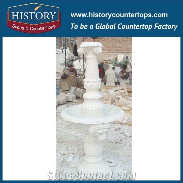 History Stone China Guangdong Factory Carved Fountain, Fine Quality Grey Granite Large Western Style Fountain with Carved Lion Heads Nozzle and Words, Sculptured Water Fountain