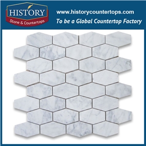 History Stone China Manufacturer Fine Quality, Honed Natural Carrara White Marble 1.25×3 Elongated Hexagon Pattern Decorative Mosaic Tiles for Bathroom, Living Room, Ktv, Bedroom, Hotel