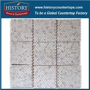 History Stone China Outlet Discount Price, Home Decoration Polished Calacatta Gold White Marble Penny Round Pattern Mosaic for Kitchen Backsplash and Bathroom Tile Ideas, Decorative Flooring Mosaic