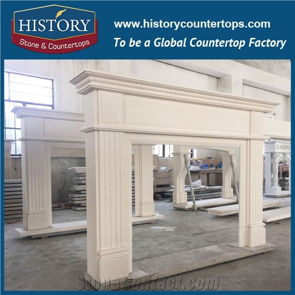 History Stone Chinese Competitive Price Wholesale Products in Stock, High Quality Sale Modern Style Luxury Design Beige Marble Fireplace Surround with Carved Leaves and Flowers, Mantel & Handcrafts