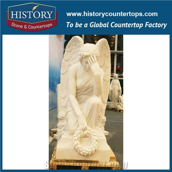 History Stone Chinese Competitive Price Wholesale Products in Stock, High Quality White Marble Angel Downing Head with Wreath in Hand Statue for Decorations, Human Sculptures Handcrafts