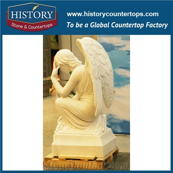 History Stone Chinese Competitive Price Wholesale Products in Stock, High Quality White Marble Angel Downing Head with Wreath in Hand Statue for Decorations, Human Sculptures Handcrafts