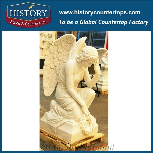 History Stone Chinese Competitive Price Wholesale Products in Stock, High Quality White Marble Angel Downing Head with Wreath in Hand Statue for Decorations, Human Sculptures Handcrafts