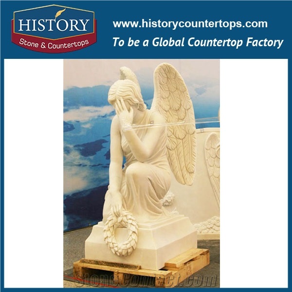 History Stone Chinese Competitive Price Wholesale Products in Stock, High Quality White Marble Angel Downing Head with Wreath in Hand Statue for Decorations, Human Sculptures Handcrafts