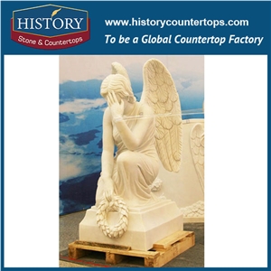History Stone Chinese Competitive Price Wholesale Products in Stock, High Quality White Marble Angel Downing Head with Wreath in Hand Statue for Decorations, Human Sculptures Handcrafts
