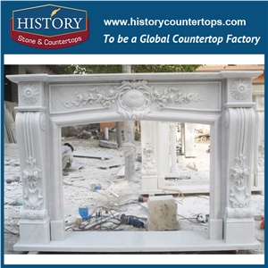 History Stone Chinese Hot-Selling High Quality Wholesale Indoor Used Products, Elaborate Design White Marble Fancy Carved Fireplaces Frame with Flowers, Mantel Surround & Handcrafts