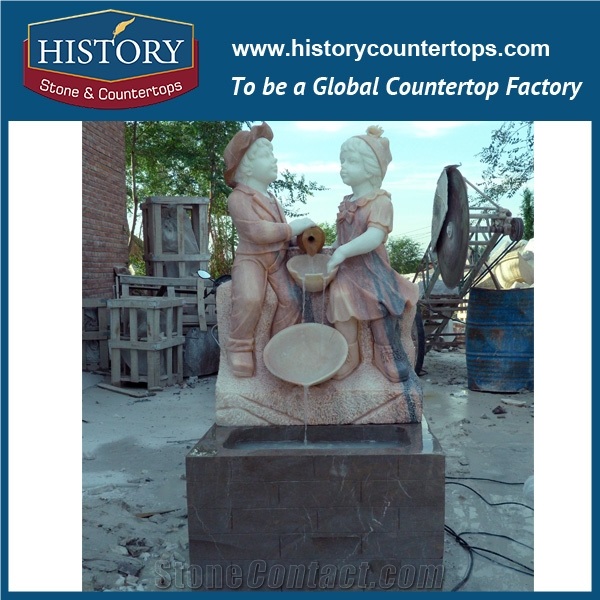 History Stone Chinese Hot-Selling High Quality Wholesale Products, Natural Marble Pink Little Lovely Boy and Girl Pouring Water Statue with Cheap Price for Decorations, Human Sculptures Handcrafts