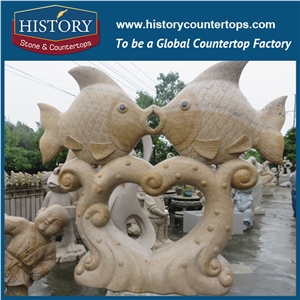 History Stone Chinese Hot-Selling New Design High Quality Wholesale Products, Yellow Granite Hand-Carved Exquisite Two Fishes Kissing with Cheap Price, Animal Sculptures & Handcrafts