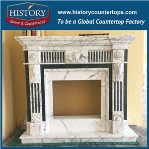 History Stone Chinese Hot-Selling Wholesale Products in Stock, High Quality Modern Style Luxury Design White Marble Western Mixed Color Carved Masonry Fireplace with Flowers, Mantel & Handcrafts