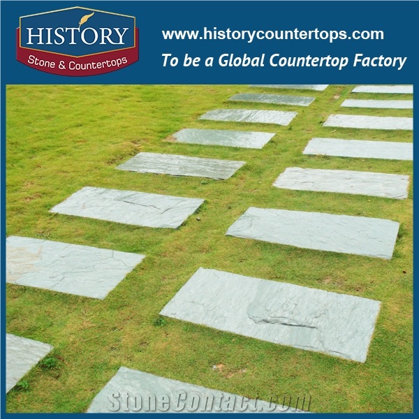 History Stone Chinese Slate Facades Two Calibrated Sides Square Green-Blue Color Slate Tiles Park Garden Road Paver, Hotel Lobby Floor Cladding