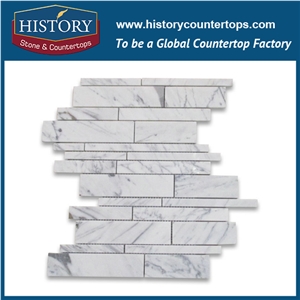History Stone Competitive Price Famous Brand Quanzhou Factory, Natural Polished Bianco Carrara Marble Random Linear Strip Brick Mosaic Bathroom Floor Hotel Tile Kitchen Backsplash Wall