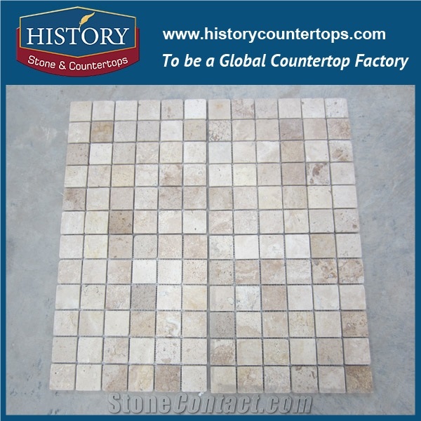 History Stone Deft Manufacturer Finely Processed Cream Marfil Sp Marble Square Shaped Mosaic Tile with Low Price for Balcony, Corridor, Fireplace Decoration, Decorative Mosaic Tile