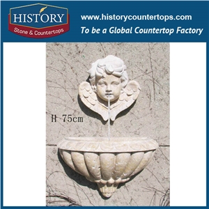 History Stone Economic Fountain by Famous Producer in Quanzhou, Natural Beige Travertine Luxury Design Wall Mounted Water Garden Fountain with Hand Carved Cherubs, Sculptured Stone Fountain