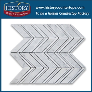 History Stone Famous Guangdong Supplier with Factory Price, Wholesale Full Polished Bianco Carrara White Marble Natural Stone 1×4 Chevron Pattern Mosaic Tiles, Wall & Flooring Stone Mosai