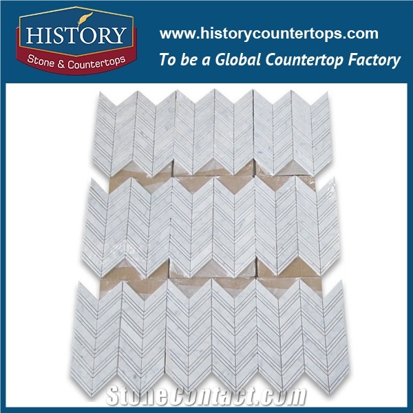 History Stone Famous Guangdong Supplier with Factory Price, Wholesale Full Polished Bianco Carrara White Marble Natural Stone 1×4 Chevron Pattern Mosaic Tiles, Wall & Flooring Stone Mosai