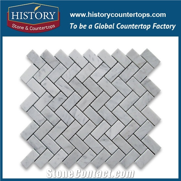 History Stone Famous Guangdong Supplier with Factory Price, Wholesale Full Polished Bianco Carrara White Marble Natural Stone 1×4 Chevron Pattern Mosaic Tiles, Wall & Flooring Stone Mosai