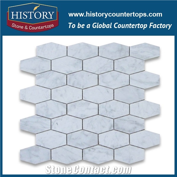 History Stone Guangdong Factory High Standard Modern Design, Interior Decoration Polished Bianco Carrara White Marble 1.25×3 Elongated Hexagon Pattern Mosaic Tiles, Floor & Wall Mosaic