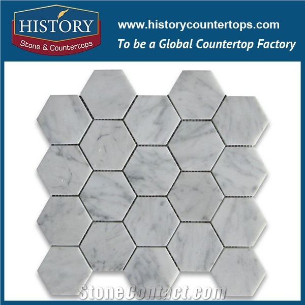 History Stone Guangdong Factory High Standard Modern Design, Interior Decoration Polished Bianco Carrara White Marble 1.25×3 Elongated Hexagon Pattern Mosaic Tiles, Floor & Wall Mosaic
