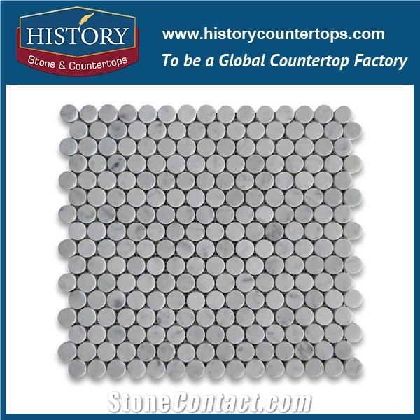 History Stone Guangdong Factory High Standard Modern Design, Interior Decoration Polished Natural Carrara White Marble 0.75 Inch Penny Round Pattern Mosaic Tiles for Sale, Floor & Wall Mosaic