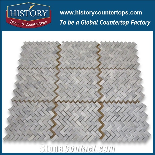 History Stone Guangdong Foshan Manufacturer Fine Quality, New Design Natural Tumbled Carrara White Marble 1×2 Herringbone Pattern Mosaic Tiles for Kitchen Backsplash and Tv Background Wall