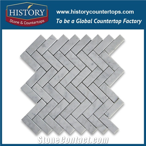 History Stone Guangdong Foshan Manufacturer Fine Quality, New Design Natural Tumbled Carrara White Marble 1×2 Herringbone Pattern Mosaic Tiles for Kitchen Backsplash and Tv Background Wall