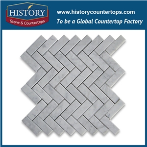 History Stone Guangdong Foshan Manufacturer Fine Quality, New Design Natural Tumbled Carrara White Marble 1×2 Herringbone Pattern Mosaic Tiles for Kitchen Backsplash and Tv Background Wall