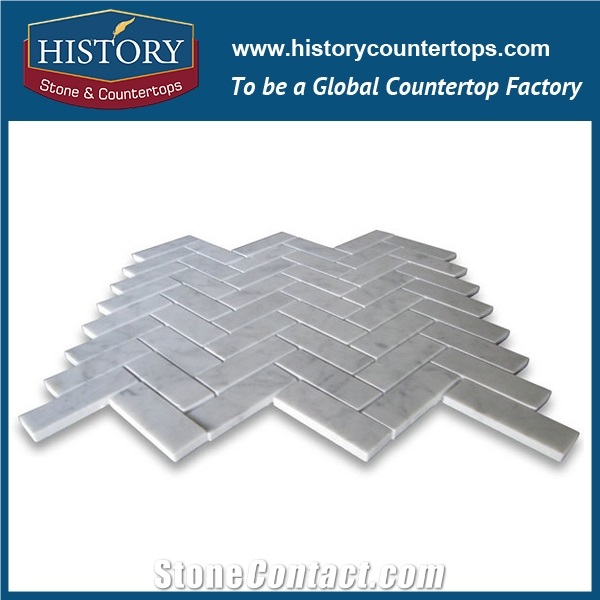 History Stone Guangdong Foshan Manufacturer Fine Quality, New Design Natural Tumbled Carrara White Marble 1×2 Herringbone Pattern Mosaic Tiles for Kitchen Backsplash and Tv Background Wall