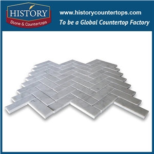 History Stone Guangdong Foshan Manufacturer Fine Quality, New Design Natural Tumbled Carrara White Marble 1×2 Herringbone Pattern Mosaic Tiles for Kitchen Backsplash and Tv Background Wall