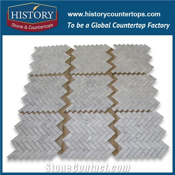 History Stone Guangdong Foshan Manufacturer Fine Quality, New Design Natural Tumbled Carrara White Marble 1×2 Herringbone Pattern Mosaic Tiles for Kitchen Backsplash and Tv Background Wall