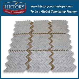 History Stone Guangdong Foshan Manufacturer Fine Quality, New Design Natural Tumbled Carrara White Marble 1×2 Herringbone Pattern Mosaic Tiles for Kitchen Backsplash and Tv Background Wall