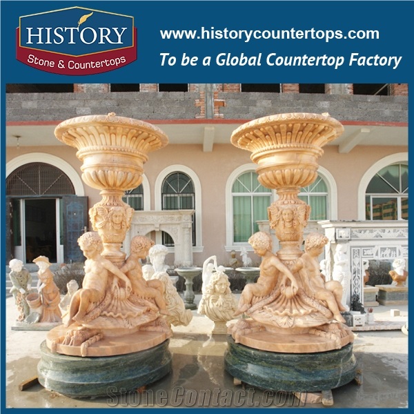 History Stone Guangdong Yunfu Fountain Supplier, Low Price Polished Pink Marble Jar Like Fountain with Hoding Hands Childern for Outdoor Decoration, Natural Stone Sculptured Water Fountain